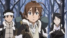 three anime characters standing in the woods with snow on their heads and one holding a backpack