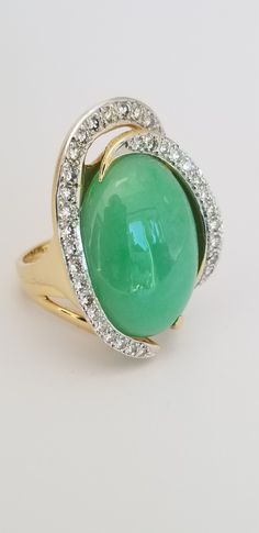 Beautiful jade and diamond ring. Luxury Green Chalcedony Ring, Elegant Jade Cabochon Rings, Elegant Jade Rings With Cabochon, Elegant Emerald Jade Ring With Cabochon, Elegant Oval Chrysoprase Rings, Luxury Jade Ring For Formal Occasions, Elegant Chrysoprase Emerald Ring For Anniversary, Elegant Green Evening Rings, Fine Jewelry Jade Ring For Formal Occasions