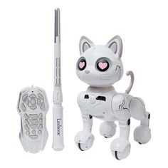 a white cat toy with a pen next to it's body and head, on a white background