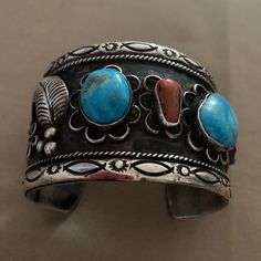 Navajo Sterling Silver Turquoise & Coral Vintage Cuff Bracelet Artisan Blue Cuff Bangle Bracelet, Artisan Blue Bangle Cuff Bracelet, Southwestern Blue Cuff Bracelet As Gift, Southwestern Blue Cuff Jewelry, Blue Artisan Cuff Jewelry, Artisan Blue Cuff Jewelry, Bohemian Blue Cuff Bracelet, Blue Multi-stone Bangle Jewelry, Blue Multi-stone Bangle