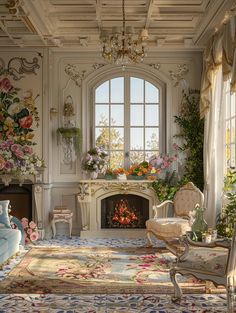 a living room filled with furniture and a fire place in the middle of a room