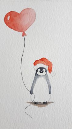 small watercolour painting of a penguin with a christmas had and heart balloon. Made by Martine Scholten Watercolour Penguins Paintings, Water Paint Card Ideas, Watercolor Penguin Christmas, Christmas Inspired Paintings, Cute Watercolour Christmas Cards, Watercolour Painting Christmas Card, Watercolour Painting Christmas, Xmas Cards Watercolour, Watercolour Holiday Cards