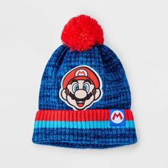 Amp up your accessories with the Boys' Nintendo Mario Pom Beanie in Blue/Red. This fashion beanie is made of midweight knit fabric with rolled cuffs for all-day cozy comfort. It features Nintendo Mario detailing with a pom-pom accent on the top to add a cute touch to their cool-weather outfit. Plus, the pull-on style allows for easy on and off making it a must have for your winter wardrobe. Red Target, Boys Winter Hats, Fashion Beanie, Matching Family Pajamas, Kids Clothes Boys, Acrylic Fabric, Scarf Hat, Pom Beanie, Boys Long Sleeve