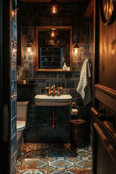 a bathroom with a sink, toilet and mirror in it's doorway way to another room