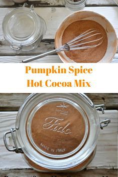 pumpkin spice hot cocoa mix in a glass jar with a whisk on top