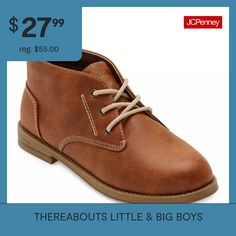 Complete his fall and winter wardrobe with the addition of these Mason chukka boots from Thereabouts' little and big boy collection. This lace-up style is made from a pebbled faux leather with a memory foam insole, round toe, a rubber sole, and a back pull tab for easy-on-and-off. Pair them with suiting, chinos, or jeans.Closure Type: Lace-UpFootwear Technology: Memory Foam InsoleShaft Circumference: 11 1/2 InchesBoot Shaft Height: 3 3/4 InchesPlatform Shoe Height: 1 InchShoe Heel Height: 1 1/2… Boots Brown, Comfort Style, Big Boys, Brown Boots, Winter Wardrobe, Up Styles, Chukka Boots, Lace Up Boots, Plaid Shirt