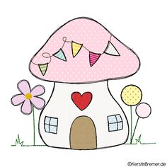 a drawing of a mushroom house with flowers and buntings on the roof, in front of a white background