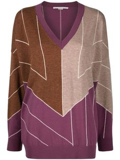 multicolour virgin wool geometric-pattern print patterned jacquard V-neck drop shoulder long sleeves straight hem ribbed trim Jacquard Knit, Knit Jumper, Knitwear Women, All About Fashion, Cashmere Sweaters, Drop Shoulder, Stella Mccartney, Knitted Sweaters, Print Patterns