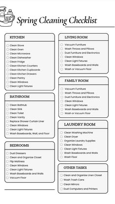 the spring cleaning checklist is shown in black and white