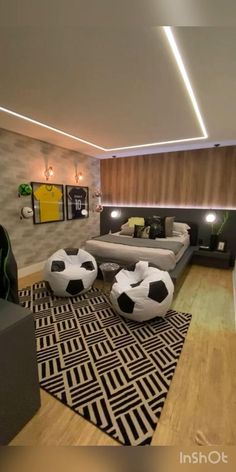 a living room filled with lots of furniture and soccer balls on top of the floor