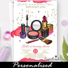 a birthday card with makeup and cosmetics on it