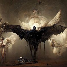 an image of a group of people with wings in the air and skulls around them