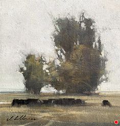 an oil painting of cows grazing in a field