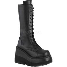 The Demonia Shaker 72 Platform Mid-Calf Boot is a chunky wedge platform boot with front lacing and a full length inside zip closure. Features and Benefits Full length back zipper 4.5" Platform Size: 7.  Color: Multicolor.  Gender: unisex.  Age Group: adult. Demonia Shaker, Demonia Platforms, High Heel Stiefel, Demonia Shoes, Punk Boots, Light Up Shoes, Black Platform Boots, Estilo Punk, Black Platform