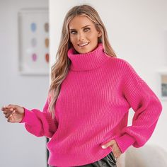 Stay cozy and chic with our Classic Cozy Turtleneck Sweater! This stylish knit features a vibrant hot pink hue , stylish drop sleeves and a classic turtleneck design, making it the perfect eye-catching choice for staying warm and fashionable during the cold season. Elevate your winter style with a pop of color! Product code: CAA06A3J037DD/CAA06A3J037GG/CAA06A3J037RR Cozy Pink Ribbed Sweater, Winter Soft Knit Pink Tops, Pink Sweater For Fall Cold Weather, Pink Sweater For Cold Weather In Fall, Oversized Pink Ribbed Sweater, Oversized Ribbed Pink Sweater, Pink Turtleneck Soft Knit Sweater, Casual Pink Winter Turtleneck, Pink Knit Top For Fall