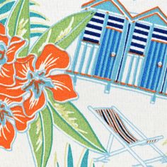 an orange flower on a white background with beach huts