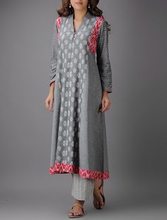 Buy Grey Red Ivory Ikat Cotton Kurta Online at Jaypore.com Sukienki Maksi, Indian Kurti Designs, Kurtis For Women