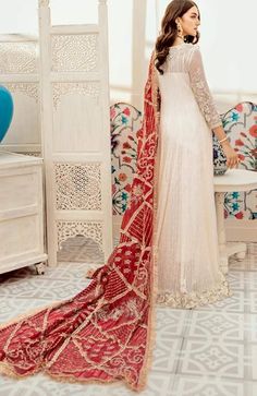 White Chiffon Party Frock with Red Dupatta in classy design embellished with elegant design embroidery. Buy White chiffon party frock online in USA. Suit Bride, Red Dupatta, Party Frocks, Pakistani Designer Suits, White Suit, Chiffon Collection, Design Embroidery, Silk Trousers, White Chiffon