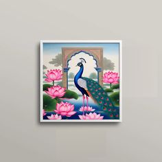 a peacock standing in front of pink water lilies