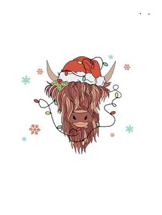 a drawing of a bison wearing a santa hat with lights on it's horns