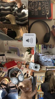 a collage of photos with various things in the background including books, headphones and an electronic device