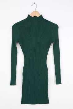 Cozy looks good on you, and so does the Lulus Snug As Can Be Dark Green Ribbed Mock Neck Sweater Dress! Soft, medium-weight ribbed knit shapes this essential sweater dress with a mock neck and fitted long sleeves. A cool cable-knit inspired design adds a subtle texture to the fitted bodice and bodycon mini skirt. Pair with pointed-toe booties for an on-trend look! Fit: This garment fits true to size. Length: Mid-thigh. Size small measures 33" from shoulder to hem. Bust: Great for any cup size. W Senior Portrait Outfits, Essential Sweater, Boots Fit, Bodycon Mini Skirt, Mock Neck Sweater Dress, Dark Green Dress, Knitted Bodycon Dress, Mock Neckline, Mock Neck Sweater