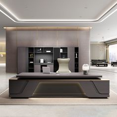 a modern office with an elegant desk and bookcases in the center, surrounded by large windows