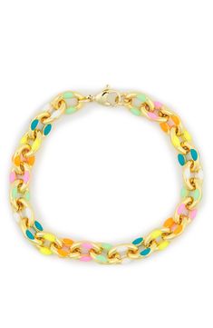 Accents of enamel add vibrant pops of color to a chain bracelet finished in warm goldtone plating. 7" length Lobster clasp closure Goldtone plate/enamel Imported Cheap Multicolor Enamel Jewelry, Trendy Multicolor Chain Bracelets, Trendy Multicolor Chain Bracelet, Multicolor Adjustable Chain Bracelet, Multicolor Metal Chain Bracelet, Vibrant Multicolor Bracelet Jewelry, Gold Enamel Bracelets With Adjustable Chain, Multicolor Enamel Jewelry With Lobster Clasp, Multicolor Enamel Bangle Bracelets