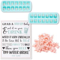 two ice trays filled with pink and white candies next to a sign that says grab a frozen drink