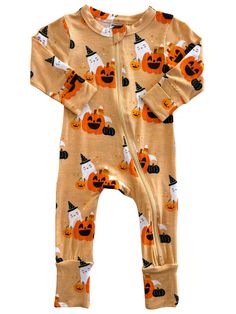 This zip romper is perfect for Halloween. It features an adorable jack-o-lantern pumpkin with a trick-or-treating ghost wearing a witch hat! Get into the spirit of Halloween with this festive romper.We understand what parents want for their babies after many years of making bamboo viscose rompers: high-quality, comfortable, and functional clothing that looks great too. Our 2-way convertible zip romper features a 2-way zip for easy diaper changes. The fold-over mittens prevent scratching, while the foot cuffs allow you to convert the romper into a footie: keeping their tiny toes warm. Made with 96% viscose from bamboo and 4% lycra, this romper is buttery soft. Halloween Long Sleeve Onesie For Playtime, Long Sleeve Onesie For Halloween Costume Party, Halloween Long Sleeve Onesie For Costume Party, Halloween Costume Party Long Sleeve Onesie, Playful Halloween Costume Onesie, Fitted Onesie For Halloween Playtime, Fitted Halloween Onesie For Playtime, Woman Costumes, Boo Baskets