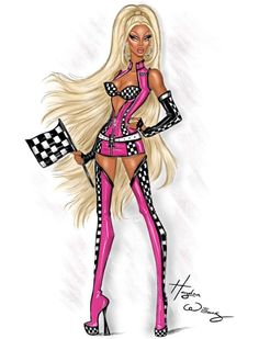 a drawing of a barbie doll holding a checkered flag