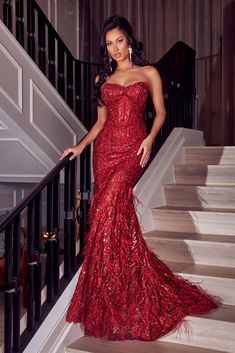 Feather Gown, Portia And Scarlett, Scarlett Dresses, Feather Skirt, Elegant Attire, Red Prom, Evening Dress Fashion, Strapless Gown, Pageant Dresses