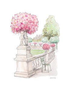 a watercolor and ink drawing of a pink tree on a balcony with a chair