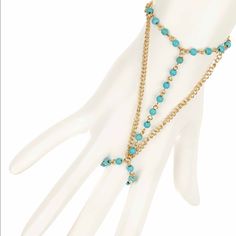 New! Never Worn! Meghan La: Cross Hand Bracelet & Ring. Gold Chain And Turquoise Beaded Ring-To-Wrist Bracelet Adjustable Turquoise Jewelry With Beaded Chain, Turquoise Jewelry With Adjustable Chain For Party, Blue Hand-strung Jewelry For Summer, Turquoise Bracelet Jewelry For Summer, Blue Beaded Bracelets For Summer Party, Blue Beaded Chain Jewelry For Summer, Turquoise Summer Party Jewelry, Summer Blue Beaded Chain Jewelry, Hand-strung Blue Jewelry For Summer