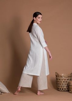 This women's set includes a linen tunic kurti VICTORY and wide-leg pants BORA with a 10% discount. The tunic and pants are made of linen fabric, which is lightweight, breathable, and soft to the touch.  It has a slim fit on the top and can be paired with the included wide-leg pants for a comfortable and stylish outfit. The pants feature a wide-leg design that offers ample room for movement.  This outfit is custom made so you can choose any size for every piece. Please choose the color for every Tunic And Pants, Tunic Kurti, Linen Outfit, Linen Wide Leg Pants, Desi Outfits, Kurta Style, Indian Kurta, Fitted Tunic, Cropped Linen Pants