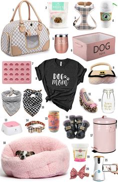 a collage of various items including a dog bed, coffee cup and other items