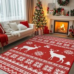 a living room decorated for christmas with red and white rugs on the floor next to a fire place