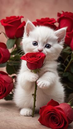 a white kitten with blue eyes holding a red rose