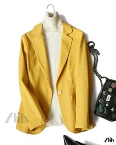 Zlily - Casual Single-Breasted Cotton Blazer Jacket for Men Solid Single Breasted Cotton Blazer, Spring Sport Coat With Single Button And Lapel Collar, Casual Yellow Long Sleeve Blazer, Casual Yellow Blazer With Long Sleeves, Cotton Outerwear With Single Button, Spring Yellow Blazer With Pockets, Casual Solid Color Single Button Blazer, Casual Single Button Long Sleeve Outerwear, Casual Solid Color Blazer With Single Button