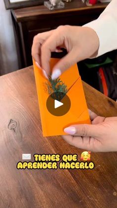 a person holding an orange envelope with a plant in it and the words tenes que aprrender nacello