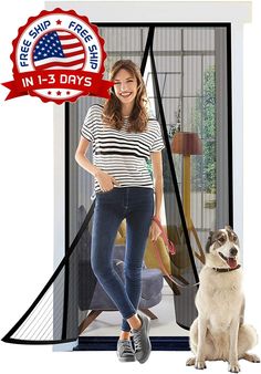 a woman standing next to a dog in front of a screen door with an american flag on it