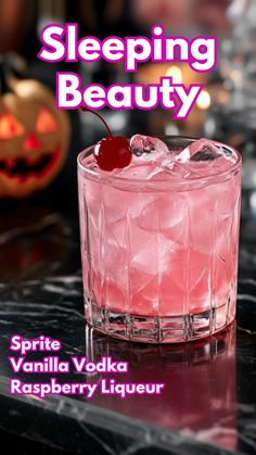 a pink cocktail with a cherry on the rim and text sleeping beauty sprite vanilla vodka raspberry liqueur