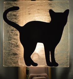 a black cat silhouetted on a glass block with the light shining down behind it