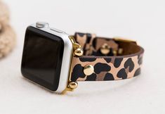 "Leather Leopard Pattern Womens Slim Band for Apple Watch 1-6 Leather is full grain (best) leather. Our leathers are premium quality full grain leather and tested by international firms. Size: Medium (fits 150-190mm (5.9\"-7.4\") wrists.) Color of buckle will be same of adapter color. For silver, gold and rose gold adapters, bead color will be same of adapter color. For black and space gray adapters, bead color will be silver. Rivet color on the band is gold. We have also silver color rivets. Fo Gold Leather Strap Apple Watch Band, Gold Leather Apple Watch Band With Bracelet Strap, Gold Leather Apple Watch Band, Apple Watch Cuff, Brown Apple, Apple Watch Bands Sports, Apple Watch 1, Best Leather, Cuff Watch