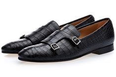 CROCODILE DOUBLE-MONK LOAFERS Exotic Shoes, Shoe Design, Oxford Shoes Men, Rubber Shoes, Black Loafers, Classic Chic