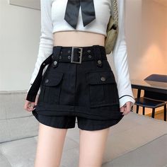 Y2K Women Streetwear Korean Gyaru High Waist Mini Skirt With Belts Short Culotte Big Pocket Grunge Cargo Skirts, Skirt Streetwear, Empire Dresses, Streetwear Korean, Short Pollera, Rok Mini, Belted Mini Skirt, Streetwear Mode, Skirt Y2k