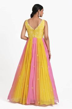 Yellow and pink padded anarkali with bead embroidered geometric patterns on yoke, mirrorwork waistband and pleated ombre kalis. Comes with a tasselled dupatta. - Aza Fashions Anarkali With Dupatta, Embroidered Anarkali, Yellow Silk, Yellow And Pink, Fashion App, Embroidered Silk, Geometric Patterns, Anarkali, Aza Fashion