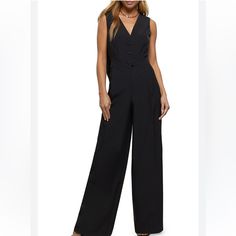 Classy And Sophisticated, Sleeveless Jumpsuit, Wide Leg, Button Details In The Front, High Back. Stock Photos Show You What It Looks Like On. Never Worn, But Missing Tags. Elegant Black Overall Pantsuit, Elegant Buttoned Jumpsuits And Rompers For Party, Chic Tailored Jumpsuits And Rompers For Night Out, Sleek Sleeveless Jumpsuits And Rompers For Work, Sleek Sleeveless Jumpsuit For Work, Elegant Tailored Sleeveless Jumpsuits And Rompers, Elegant V-neck Jumpsuits And Rompers With Buttons, Elegant V-neck Jumpsuit Or Romper With Buttons, Elegant V-neck Jumpsuit With Buttons