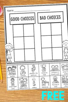 the printable worksheet for good choices is shown with pencils and markers