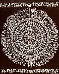 a black and white painting with various designs on it